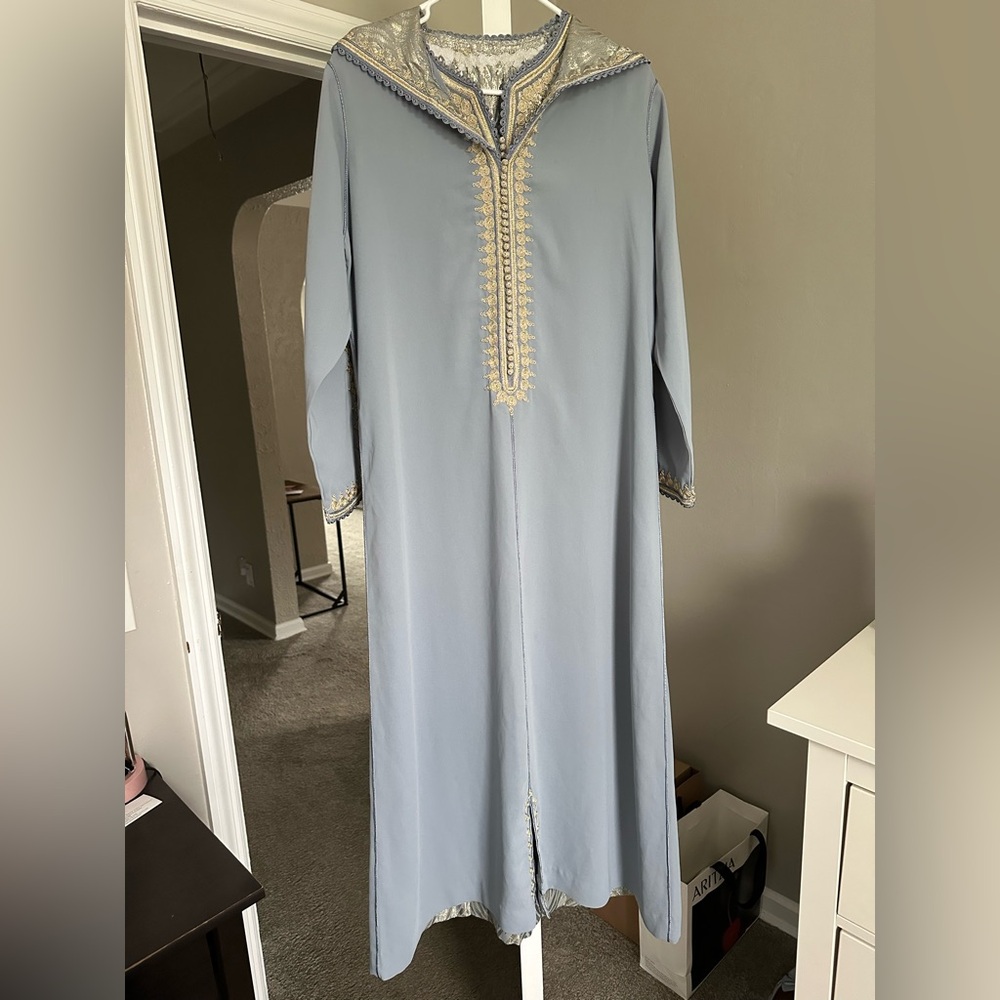Elegant Blue and Gold Embroidered Moroccan Djellaba. Comes with its Kaftan.